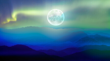 Naklejka na ściany i meble Beautiful landscape with blue misty silhouettes of mountains - Northern lights (Aurora borealis) over themountains with super full moon - 