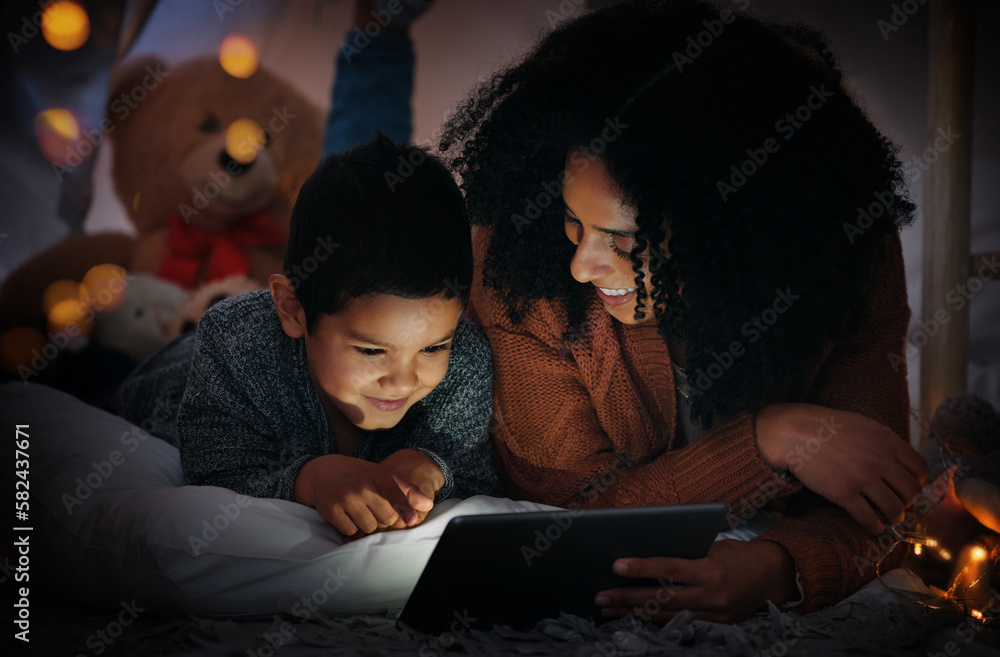 Sticker Movie, dark and a mother and child with a tablet before bedtime for a show, video or meme. Happy, streaming and a mom and boy kid watching a film, cartoon or series online with technology at night