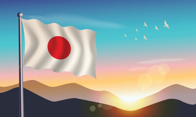 Japan flag with mountains and morning sun in background