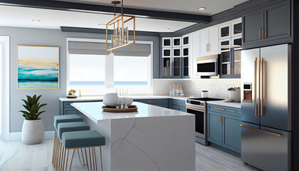 Plakat Coastal Modern A Sleek and Stylish Kitchen with Beachy Accents, Modern Kitchen room illustrator Generative AI