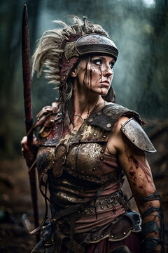 Portrait of an ancient female warrior with leather armor stained with mud and blood. Fantasy wallpaper, cover design and poster created with Generative AI