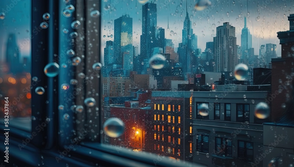 Poster a view of a city from a window covered in raindrops at night with buildings in the background and a 