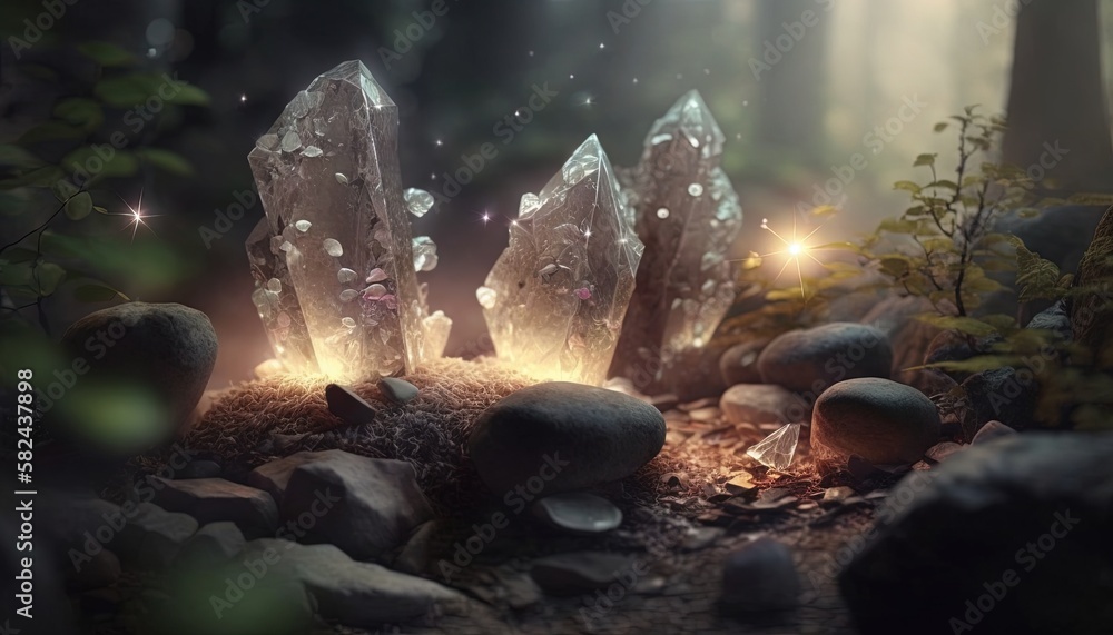 Poster a group of rocks with glowing lights in the middle of them in a forest with rocks and plants on the 