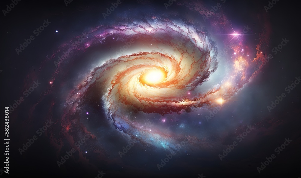 Poster two spirally shaped objects in the middle of a dark space with stars and a bright light in the middl