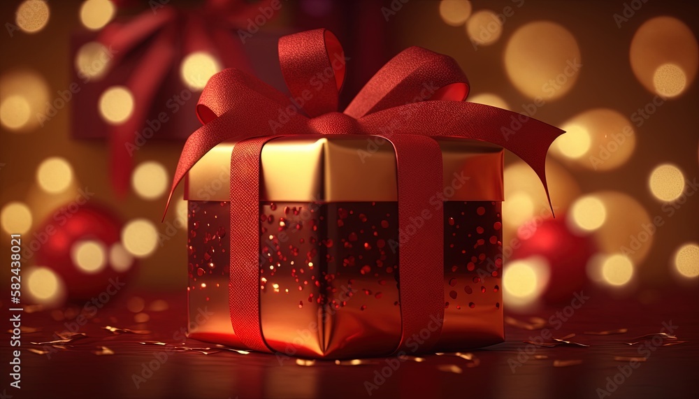 Poster a red and gold gift box with a red ribbon on a table with christmas lights in the background and a r