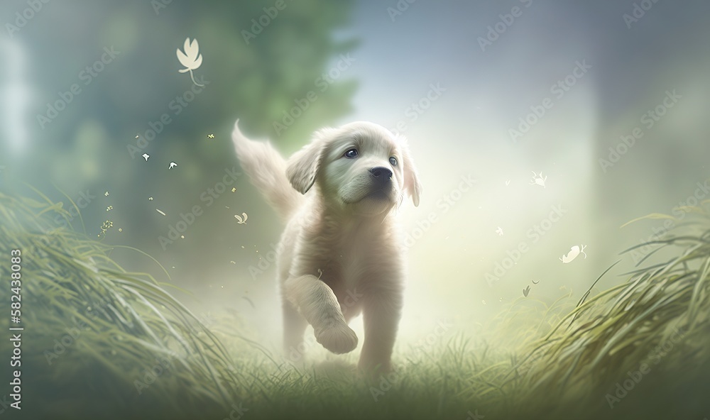 Poster a puppy running through the grass with a butterfly in its mouth and a butterfly in its mouth in the 