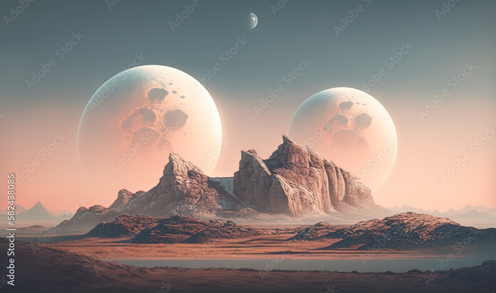 Poster a computer generated image of three planets in the sky with mountains in the foreground and a moon i