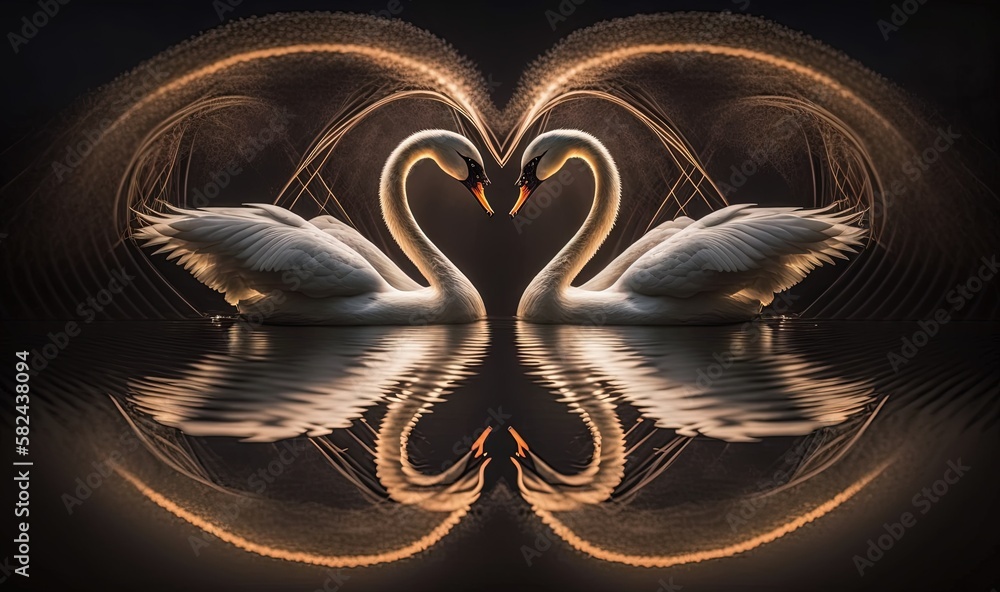 Poster two swans in the shape of a heart on a dark background with a reflection in the water and a reflecti