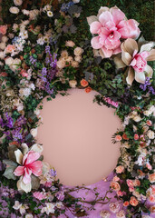 Spring, flower blank, mock-up frame for postcards. Round pink place for text. Flower arrangement of...