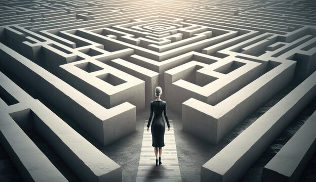 A business woman looking for a way out of the maze, generative AI