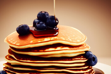 stacked pancakes topped with fruit and syrup and blueberry