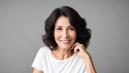 Elegant mature woman with dark hair and smile on isolated grey background. White top. Copy space. Generative AI