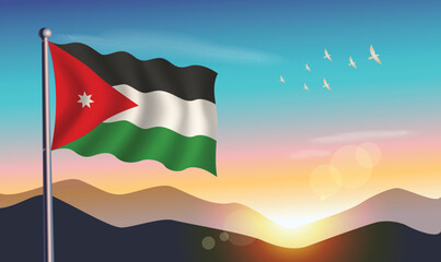 Jordan flag with mountains and morning sun in background