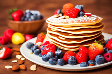 5 pancake topping with syrup fresh fruit nut strawberry  sugar studio background