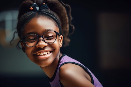 Black Woman With Glasses Smiles While Playing Basketball. Generative AI.