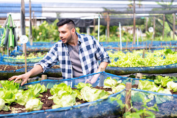 Farmer using digital tablet in the vegetable farm organic smart farm control by science technology