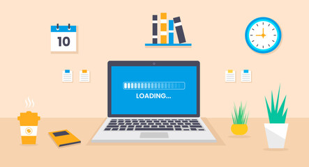 laptop computer loading process vector illustration. laptop system software update and upgrade installation flat design, laptop desk vector flat design. computer desk vector flat design.