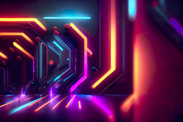 Dark futuristic background with neon lights and reflections. Generative AI.