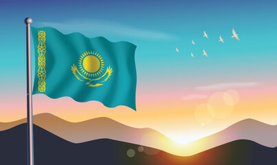 Kazakhstan flag with mountains and morning sun in background