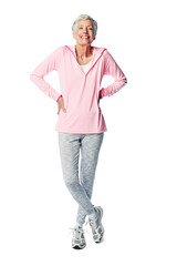 Fototapeta premium Exercise, portrait and happy senior woman ready for a fitness workout while isolated on a png background. Transparent, fit and active mature female athlete for a relaxed retirement routine