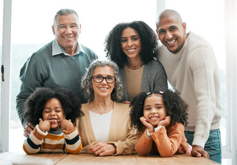 Portrait, generations and family with smile, quality time and support with love, bonding together...