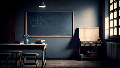 Interior of a classroom with moody lights and shadows. Generative AI.