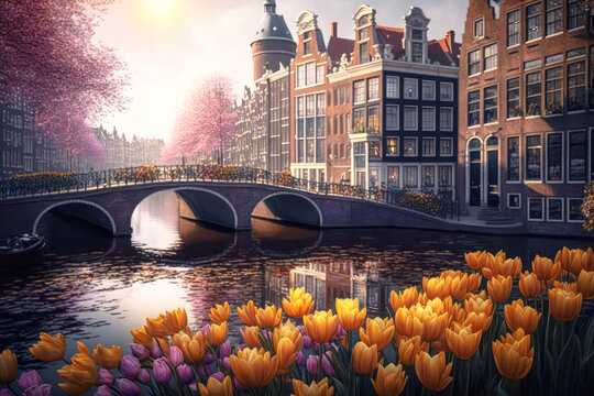 A Stunning Cityscape Of Amsterdam, With Its Iconic Canals And Bridges, All Lined With Beautiful Tulips In Bloom - Generative AI