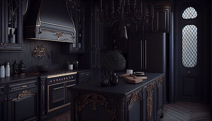 Gothic Glam A Dramatic Kitchen with Dark Accents and Ornate Details Generative AI