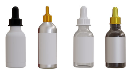 Beauty containers set. Cream, lotion, spray, oil, shampoo, hand soap, gel, milk, balsam. Mock up template packaging of cosmetic products in tubes and jars. 3d rendering.