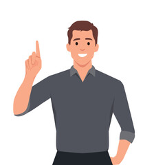 Happy young business man pointing up. Light bulb representing idea, solution in the thought bubble. Trendy person thinking, gesturing or showing index finger