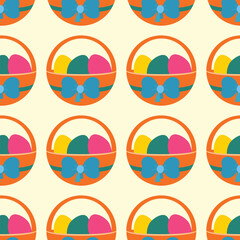 Easter pattern with basket with colored eggs and bow. Color vector illustration.