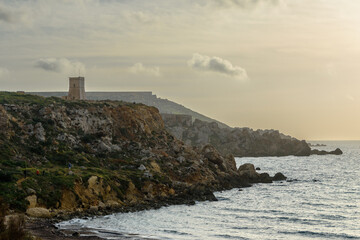 Fototapeta na wymiar The cliffs at Golden Bay Beach, Malta