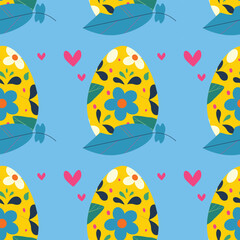 Easter pattern with egg with floral ornament, feathers, hearts.