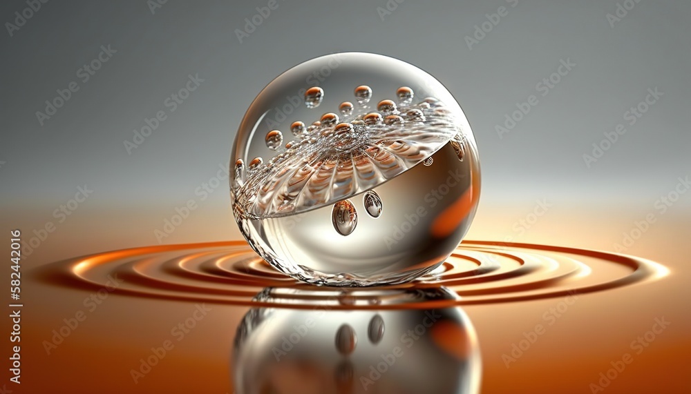 Poster a drop of water with a leaf on top of the drop is reflected in the water on the surface of the water