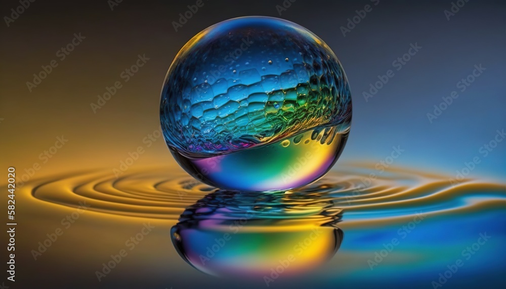 Poster an egg with a rainbow - hued liquid inside of it on a reflective surface with ripples of water on th