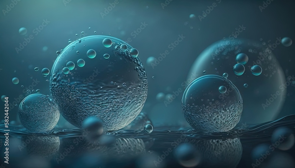 Poster a group of bubbles floating on top of a body of water with drops of water around them on a dark blue