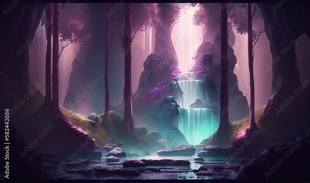 Poster a painting of a waterfall in the middle of a forest with rocks and a waterfall in the middle of the 