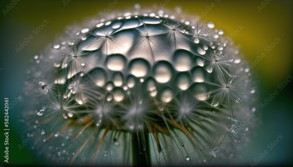 Poster a close up of a dandelion with drops of water on it's petals and a green background with a black bor