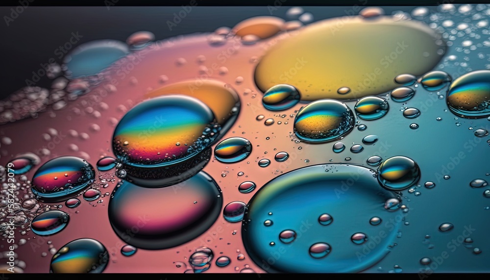 Poster a close up of a bunch of bubbles on a surface of water with a black background and a blue and yellow