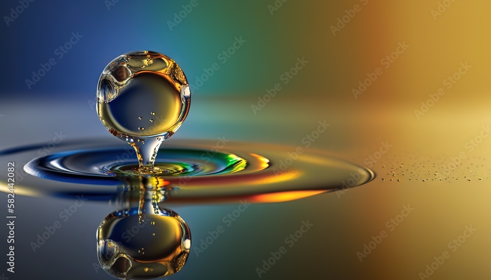 Poster a drop of water is being dropped into a pool of water with a multicolored background and a reflectio