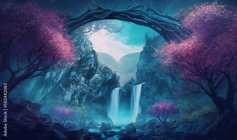 Poster a painting of a waterfall surrounded by trees and rocks with a blue sky in the background and a wate