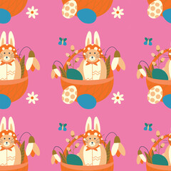 Easter pattern with a cat with rabbit ears, flowers, snowdrops, in a basket with eggs.