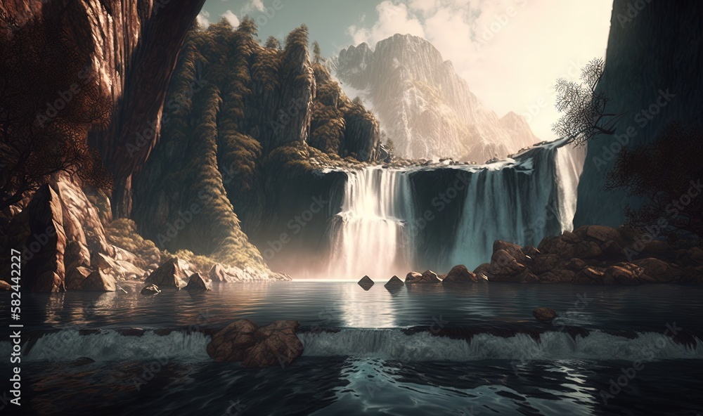 Poster a painting of a waterfall in the middle of a river with a waterfall in the middle of the river and t