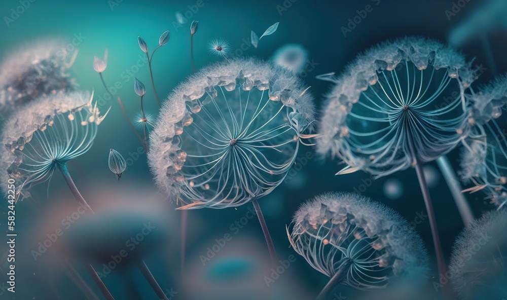 Poster a group of dandelions blowing in the wind on a blue background with a blurry image of the dandelions