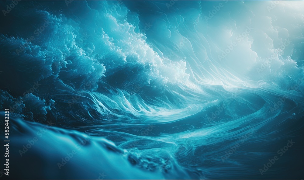 Aufkleber a painting of a wave in the ocean with a sun in the background and a sky filled with clouds and wate