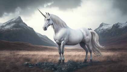 Obraz na płótnie Canvas Majestic Unicorn Standing in Great Plains with Fiery Temper