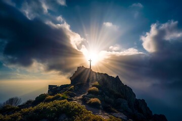 Raios de sol aparecem por detrás das nuvem e escondem uma cruz no topo da montanha