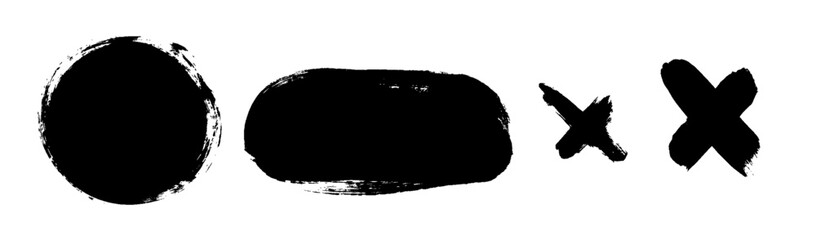 Conjunto de manchas negras realizadas con pincel, manchas de formas básicas de brochazos vectorizados. Formas reales realizadas a mano