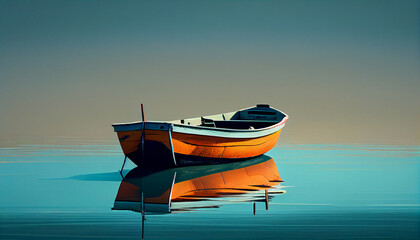 Fishing boat in calm lakes. Old wooden fishing boat. Wooden boat in still lake water at sunset