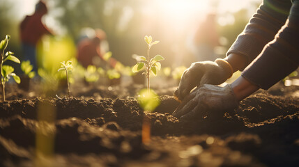 People planting trees or working in community garden promoting local food production and habitat restoration, concept of Sustainability and Community Engagement. Generative Ai